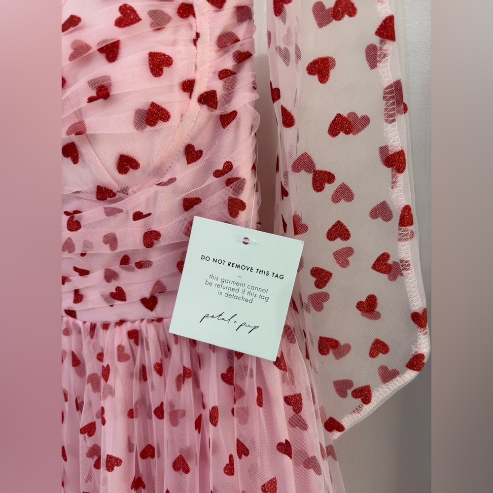 Petal & Pup Floret Pink Tulle Red Hearts Midi Dress Tie Straps NWT Valentines S - Picture 4 of 15